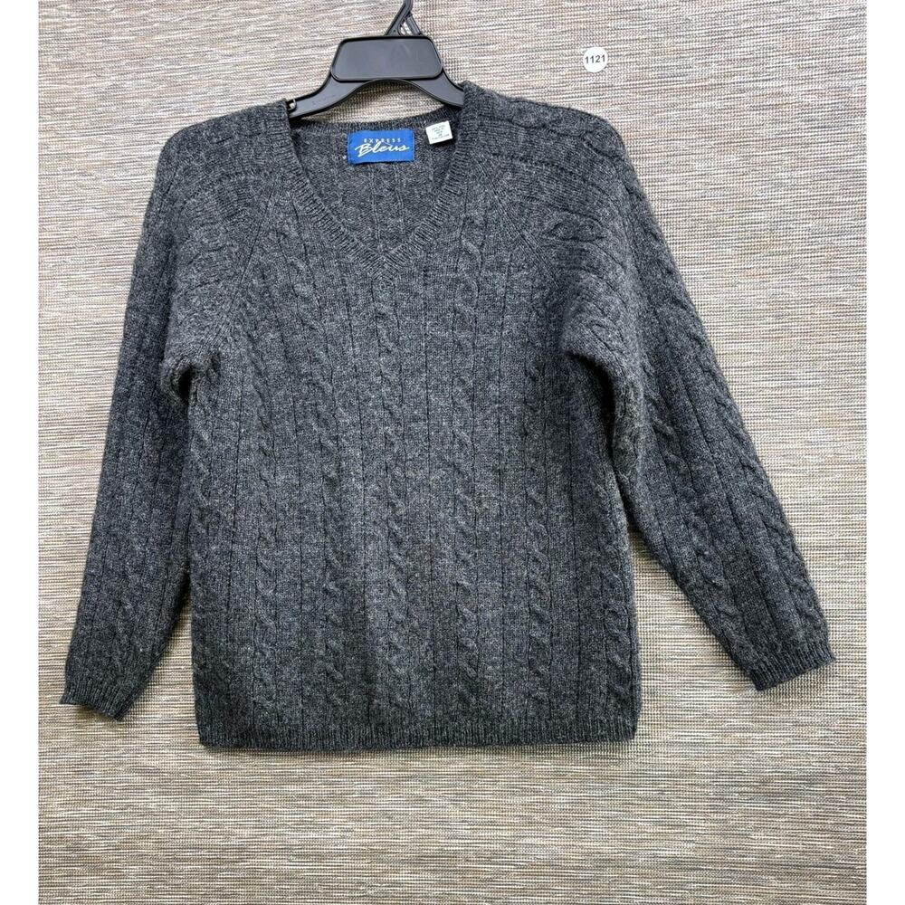 Express Bleus Sweater Mens M Gray Cable Knit V Neck Wool Pullover Made Italy